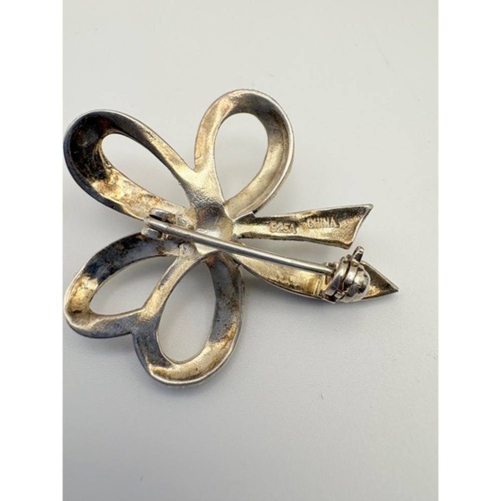Sterling Silver Bow Brooch Marcasite Pearl Center 925 China Ribbon Pin - Picture 9 of 10